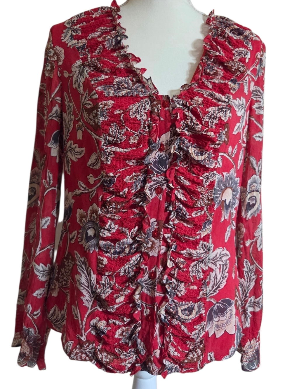 Coldwater Creek Red Floral Ruffle Front Blouse